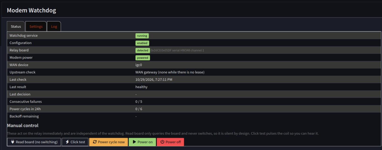 Vigil modem watchdog status page in OPNsense